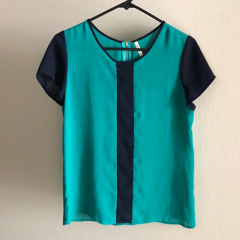 Miami blouse. Teal and navy short sleeve.